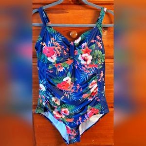 Women's high cut full coverage, blue floral,  one piece swimsuit. Size XL